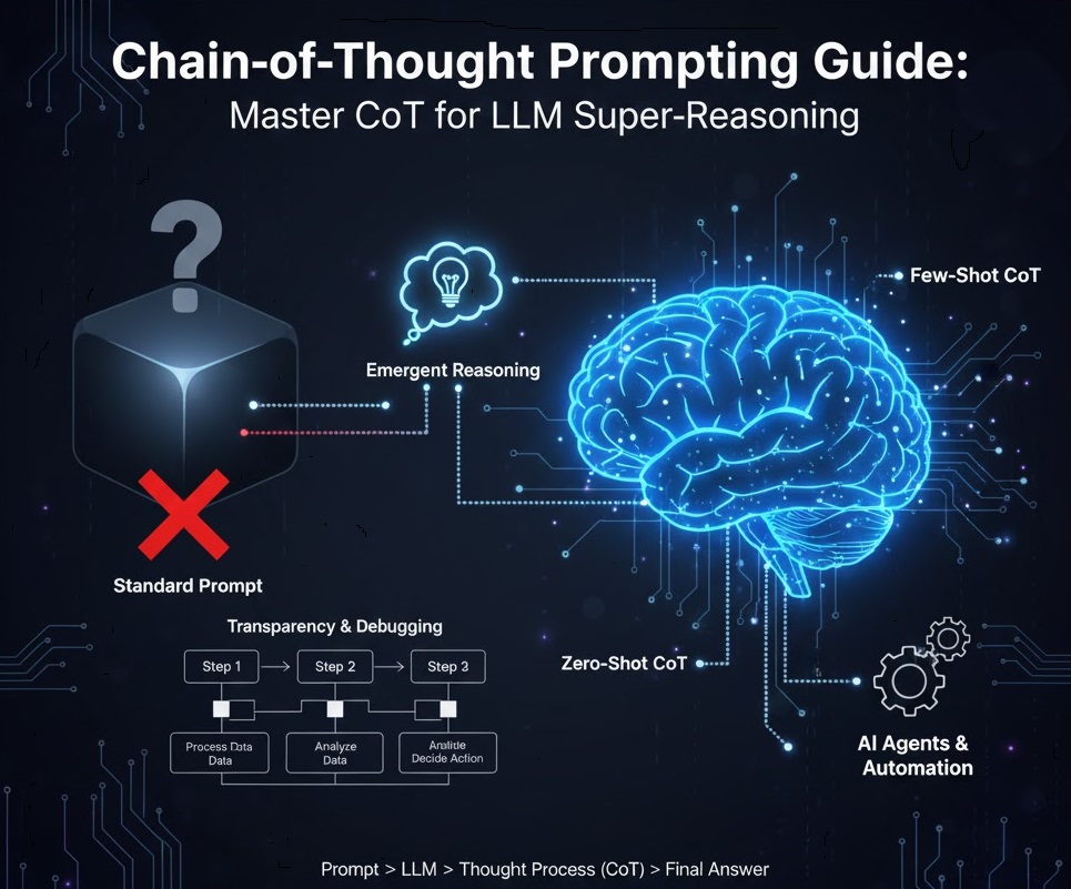 Diagram illustrating the difference between Standard Prompting, Zero-Shot Chain-of-Thought (CoT) Prompting, and Few-Shot CoT Prompting for Large Language Models (LLMs). The visual shows standard prompts going directly to output, while Zero-Shot CoT adds "Let's think step by step" to trigger internal LLM monologue, and Few-Shot CoT provides full step-by-step examples for LLM pattern recognition before generating its own detailed thought process and output.