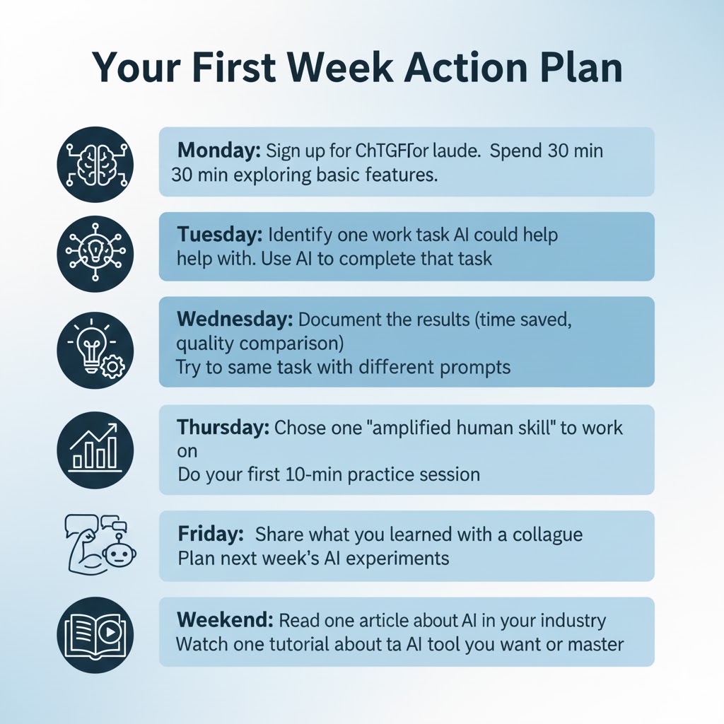 Visual summary of a 7-day plan to integrate and experiment with Artificial Intelligence tools in a professional context
