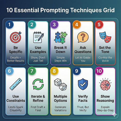 10 essential AI prompting techniques infographic including be specific, use examples, break down tasks, and iterate - beginner's visual guide to ChatGPT prompting