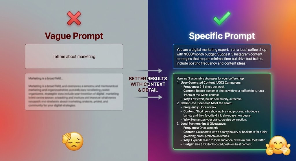 Comparison of vague versus specific AI prompt showing how detailed prompts with context get better ChatGPT results - before and after example