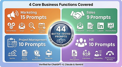 Four-quadrant infographic displaying ChatGPT prompt categories - Marketing and Content Creation (15 prompts), Sales and Business Development (9 prompts), Project Management (10 prompts), and Human Resources (10 prompts) - total 44 professional prompts