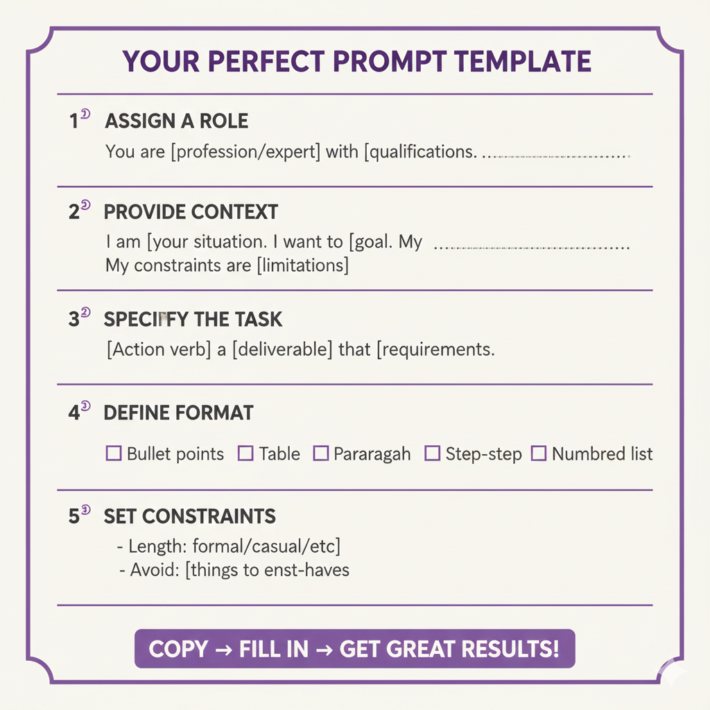 Infographic showing the 5 components of effective AI prompting: Role, Context, Task, Format, and Constraints with examples for each element