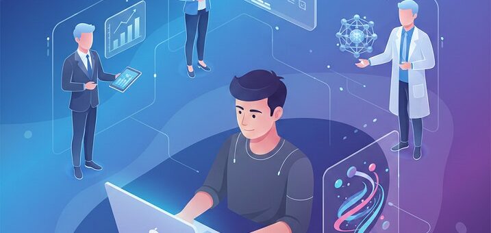 Person using laptop with holographic AI expert avatars representing different professions including business, science, and creative roles for ChatGPT persona prompts