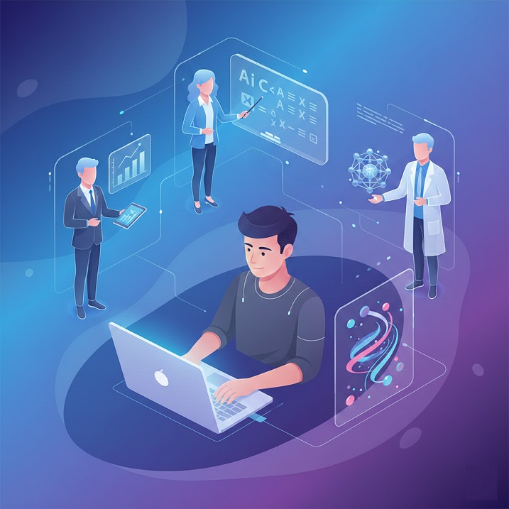 Person using laptop with holographic AI expert avatars representing different professions including business, science, and creative roles for ChatGPT persona prompts