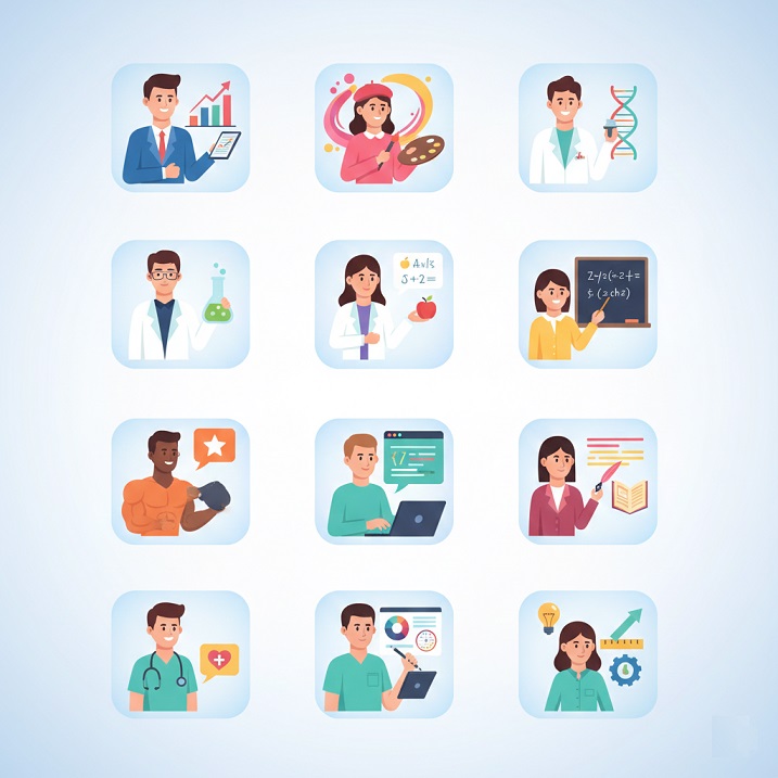 Grid of diverse professional icons representing 50+ AI persona categories including business, technology, creative, education, and health experts