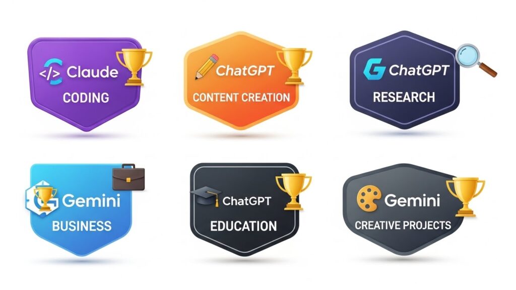 Winner badges showing ChatGPT best for content creation, Claude best for coding, and Gemini best for research with trophy icons and use case categories