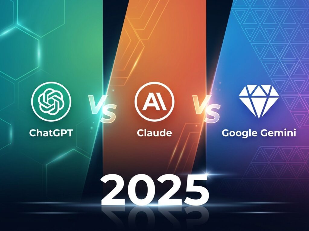ChatGPT vs Claude vs Gemini AI comparison showing three AI assistant logos side by side with versus symbols