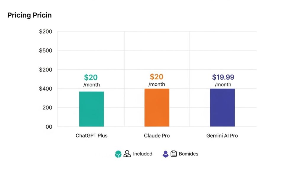 Bar chart comparing monthly pricing for ChatGPT Plus, Claude Pro, and Gemini AI Pro showing cost differences and included features for each AI subscription plan