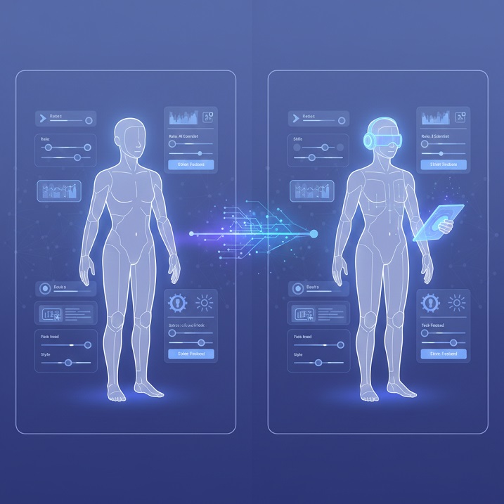 Illustration of AI character customization process showing base avatar being transformed into specialized expert versions with adjustment tools
