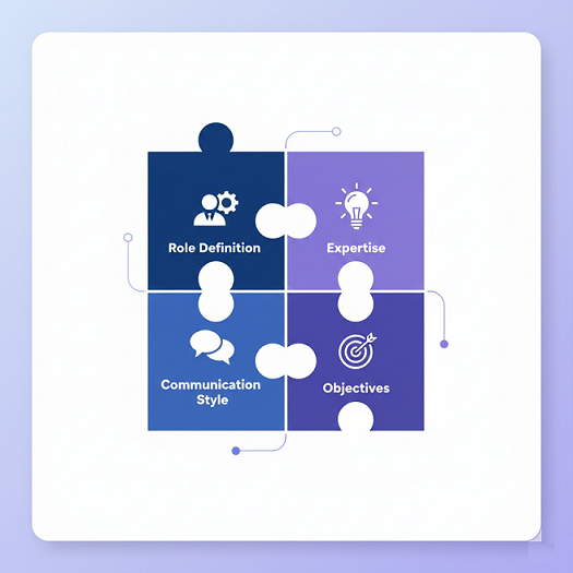 Infographic showing four essential elements of effective AI persona prompts: role definition, expertise, communication style, and objectives