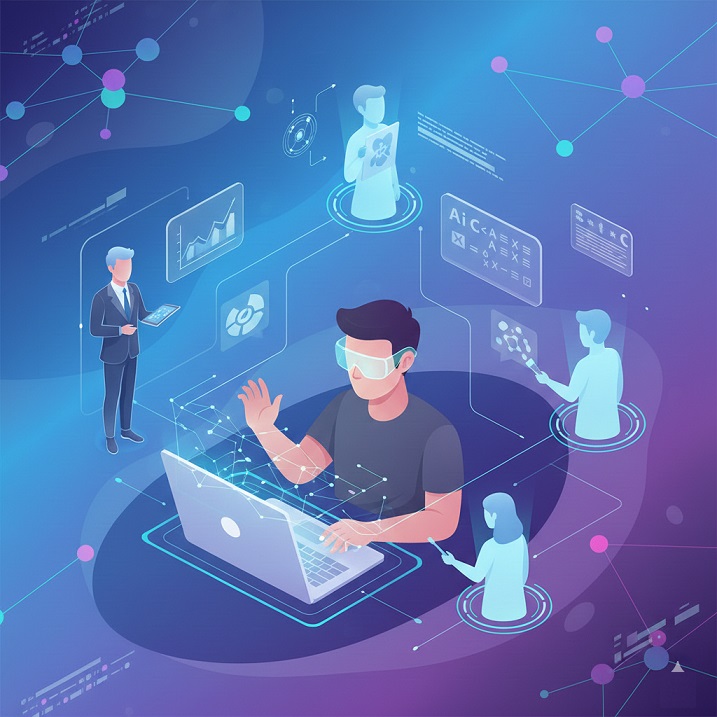 Futuristic illustration of multiple AI characters collaborating in holographic interface demonstrating advanced ChatGPT character prompt capabilities