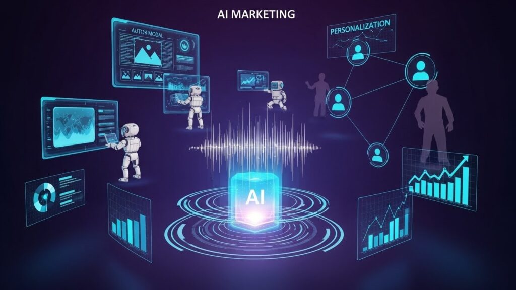 Futuristic visualization of AI marketing trends including multi-modal prompting, autonomous agents, real-time personalization, and advanced marketing automation