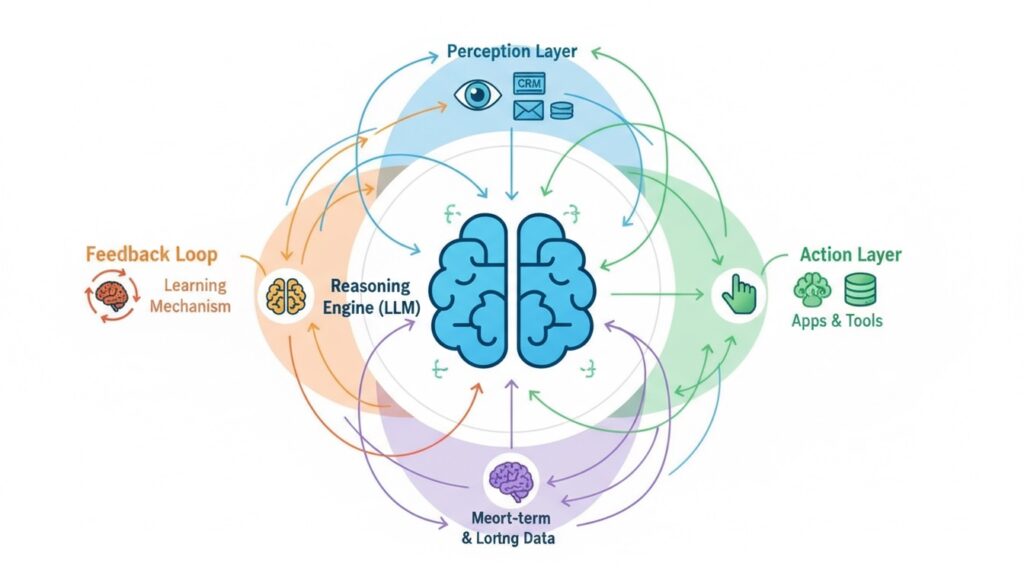 AI agent architecture diagram showing perception layer, reasoning engine, action layer, memory systems, and feedback loop components working together for autonomous business automation
