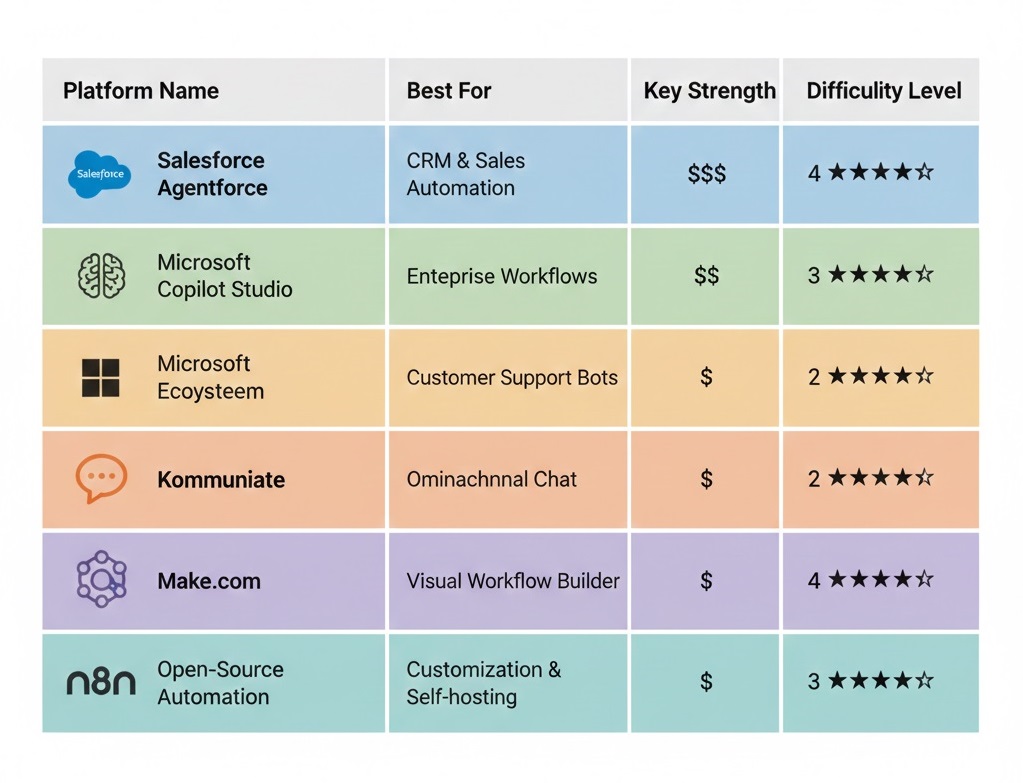 Comparison matrix of top AI agent platforms including Salesforce Agentforce, Microsoft Copilot Studio, Kommunicate, Make.com, and n8n with pricing, features, and difficulty ratings