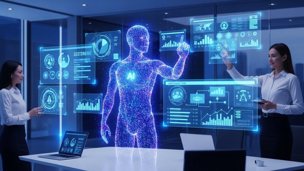 AI agents collaborating with business professionals in modern office environment showing automated workflows, data analysis, and digital transformation with holographic interface