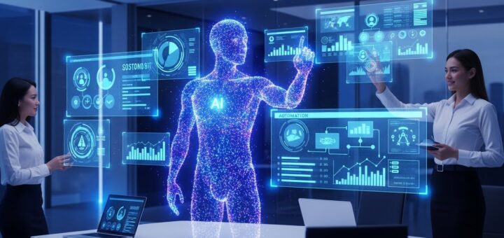 AI agents collaborating with business professionals in modern office environment showing automated workflows, data analysis, and digital transformation with holographic interface