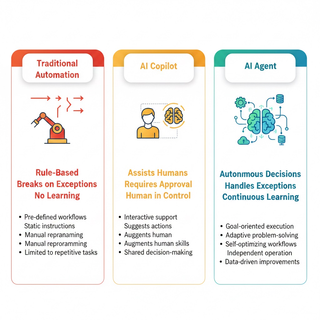 Comparison infographic showing differences between traditional automation, AI copilots, and autonomous AI agents with key features and capabilities for business automation