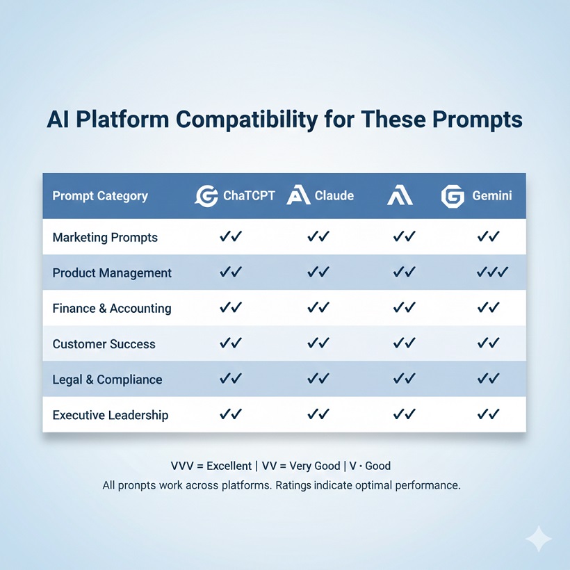 Compatibility matrix showing how ChatGPT prompts work across different AI platforms including ChatGPT, Claude, and Gemini with performance ratings