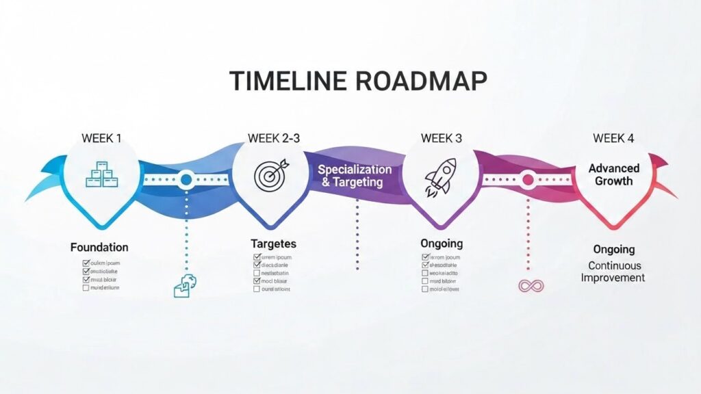 Four-phase AI agent implementation roadmap showing foundation, pilot, optimization, and scale phases with timeline and key activities for successful business automation deployment