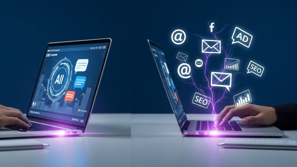 Digital marketer using AI prompt engineering tools for marketing campaigns with holographic interface showing social media, email, and content marketing elements