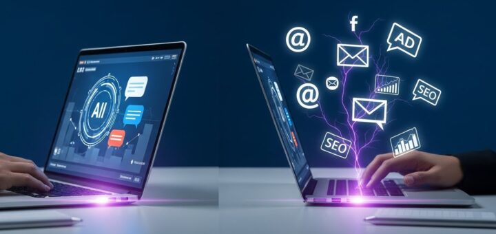 Digital marketer using AI prompt engineering tools for marketing campaigns with holographic interface showing social media, email, and content marketing elements