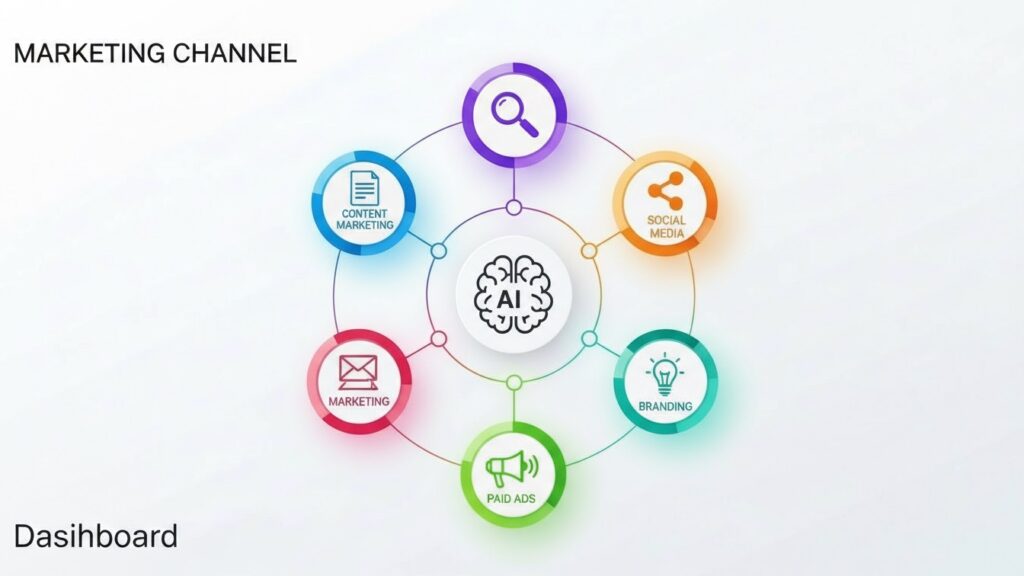 Dashboard showing six marketing channels where AI prompt engineering applies: content marketing, SEO, social media, email, paid advertising, and branding