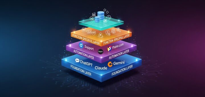 AI tools stack pyramid showing four layers - foundation AI platforms, automation layer, function-specific tools, and data layer for complete business automation