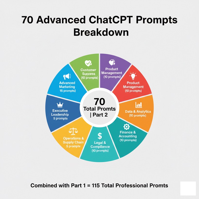 Infographic showing breakdown of 70 ChatGPT prompts across 8 business categories including marketing, finance, product management, and data analysis