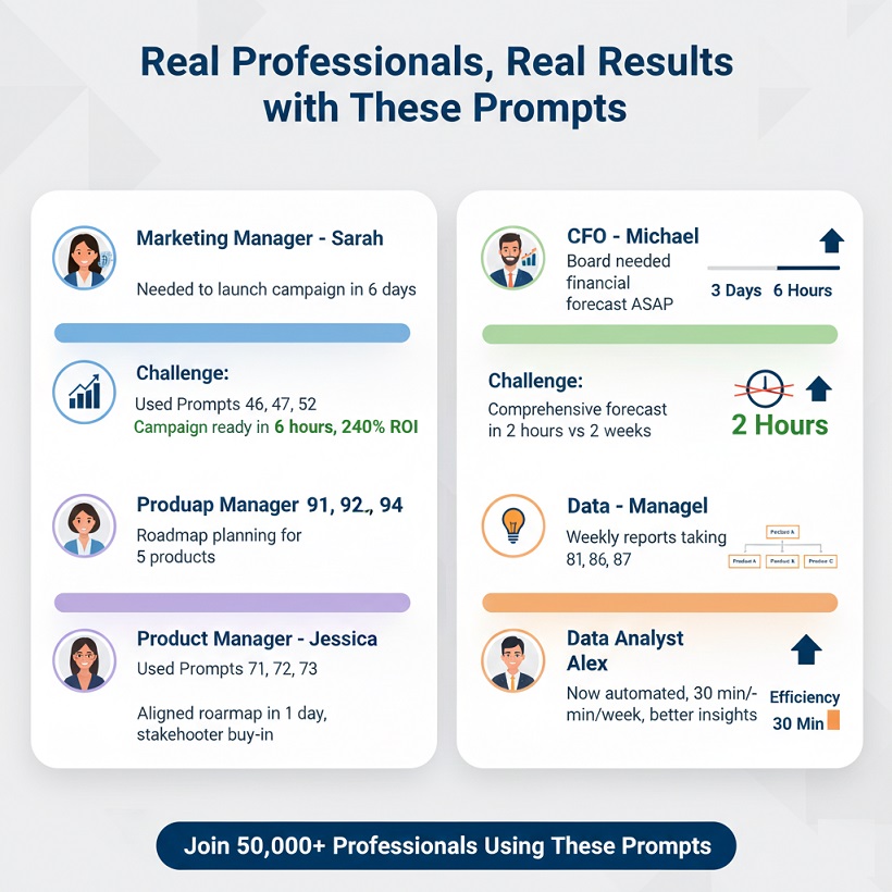 Real-world use cases showing how professionals use ChatGPT prompts - marketing managers, CFOs, product managers, and data analysts achieving faster results
