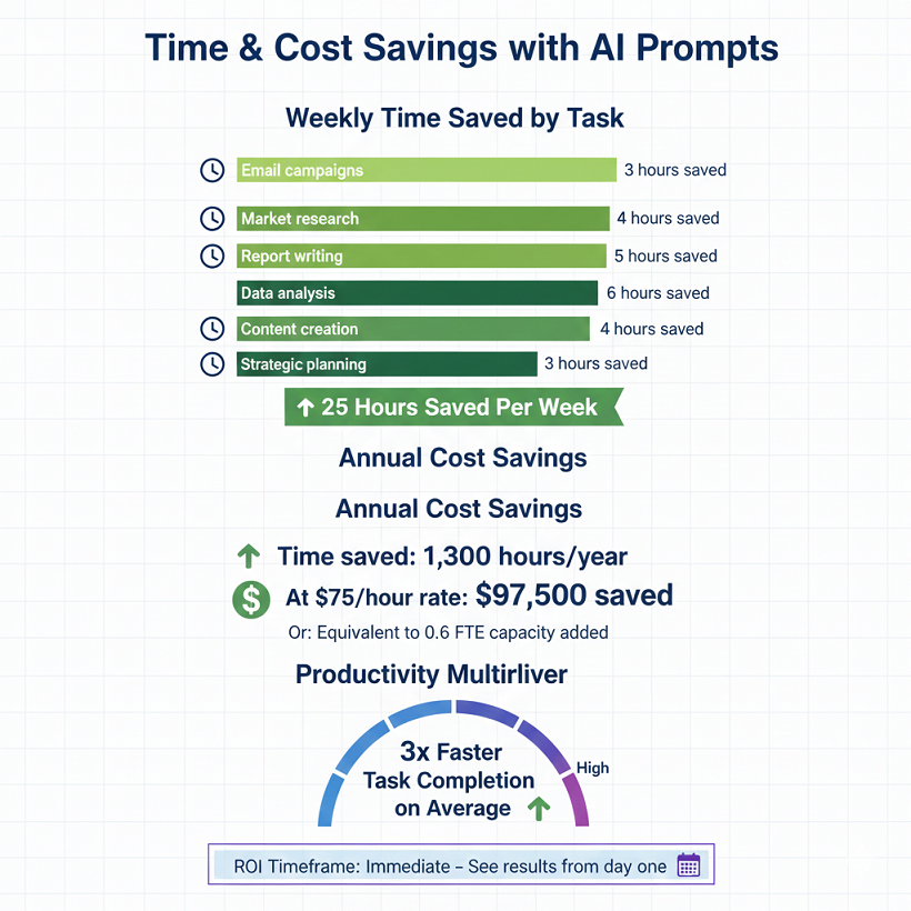 Infographic showing time and cost savings from using ChatGPT prompts - 25 hours saved weekly, $97,500 annual savings, 3x productivity increase