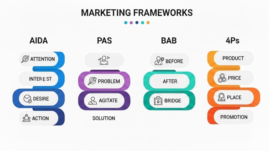 Comparison chart of AIDA, PAS, BAB, and 4Ps prompt engineering frameworks for marketing with visual breakdown of each component