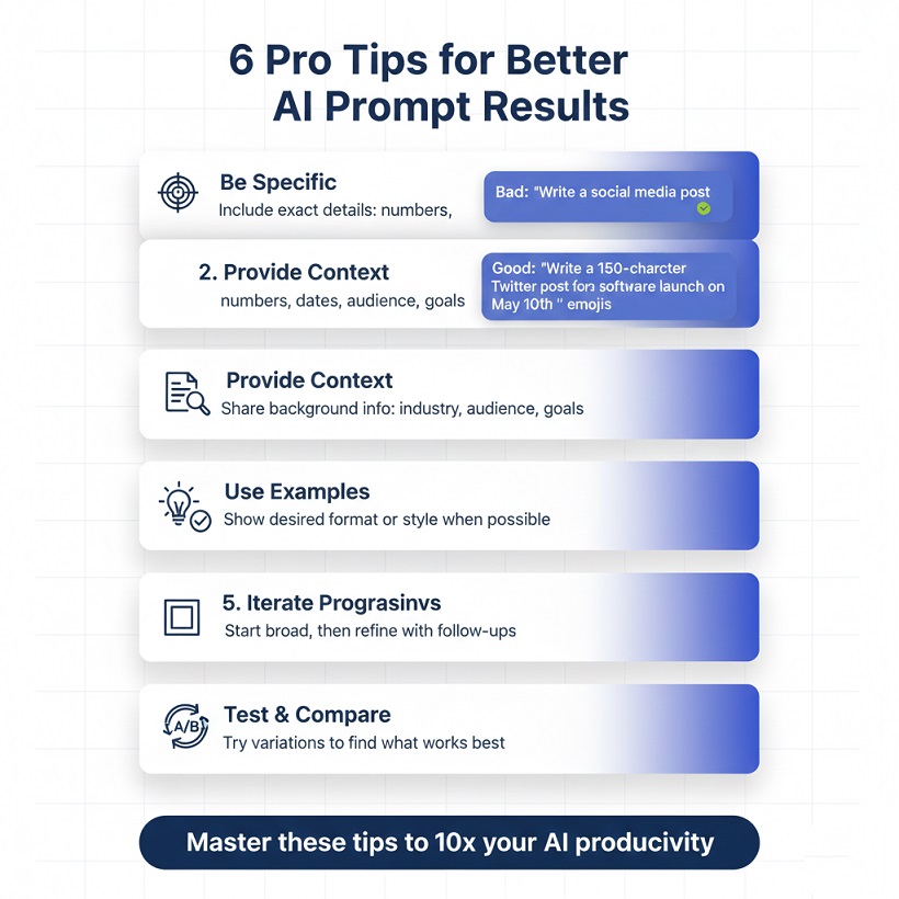 Infographic showing 6 expert tips for writing better ChatGPT prompts including being specific, providing context, using examples, and iterating