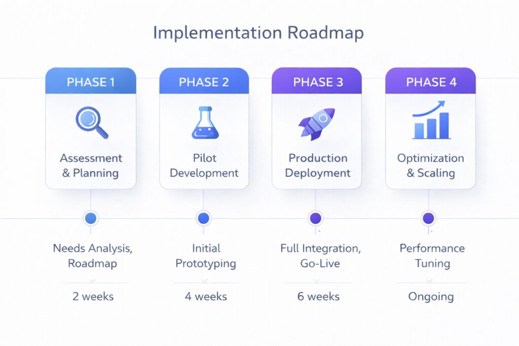 Four-phase implementation roadmap for deploying AI research agents from assessment through scaled production