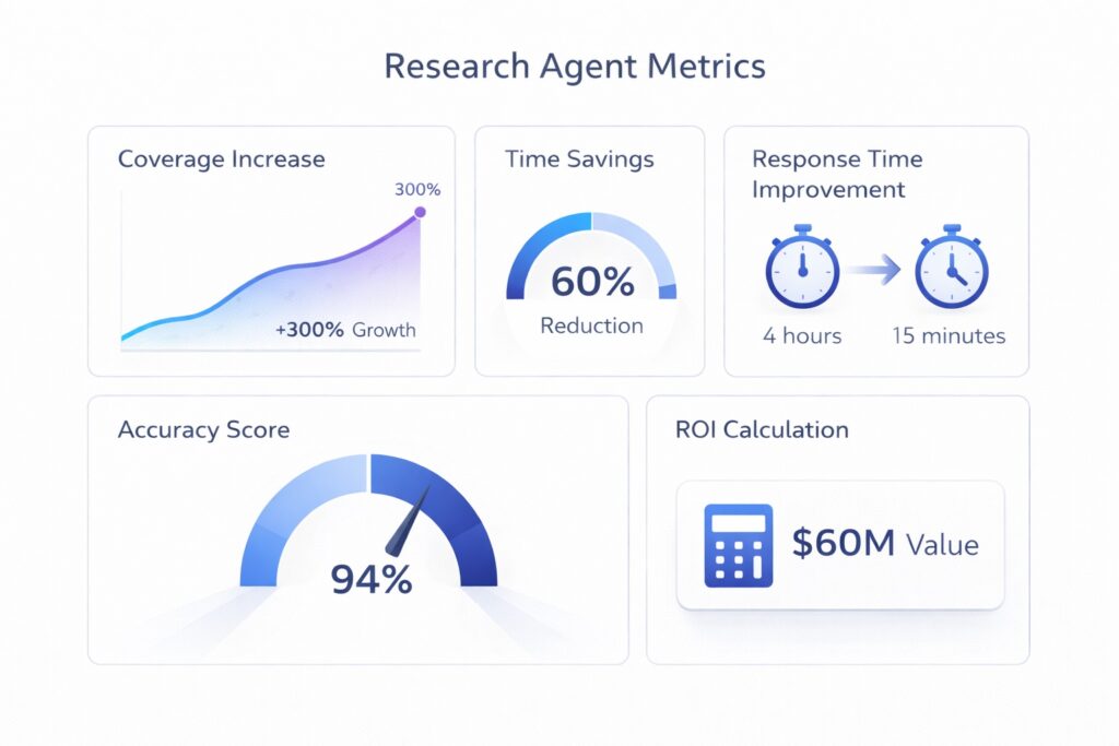 Key performance metrics and ROI from AI research agent implementation showing significant improvements in coverage, speed, and business value