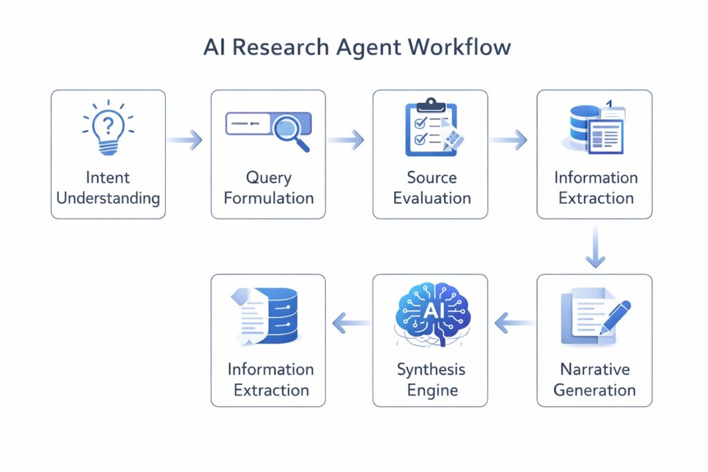 AI research agent architecture showing the six-stage workflow from intent understanding to narrative generation