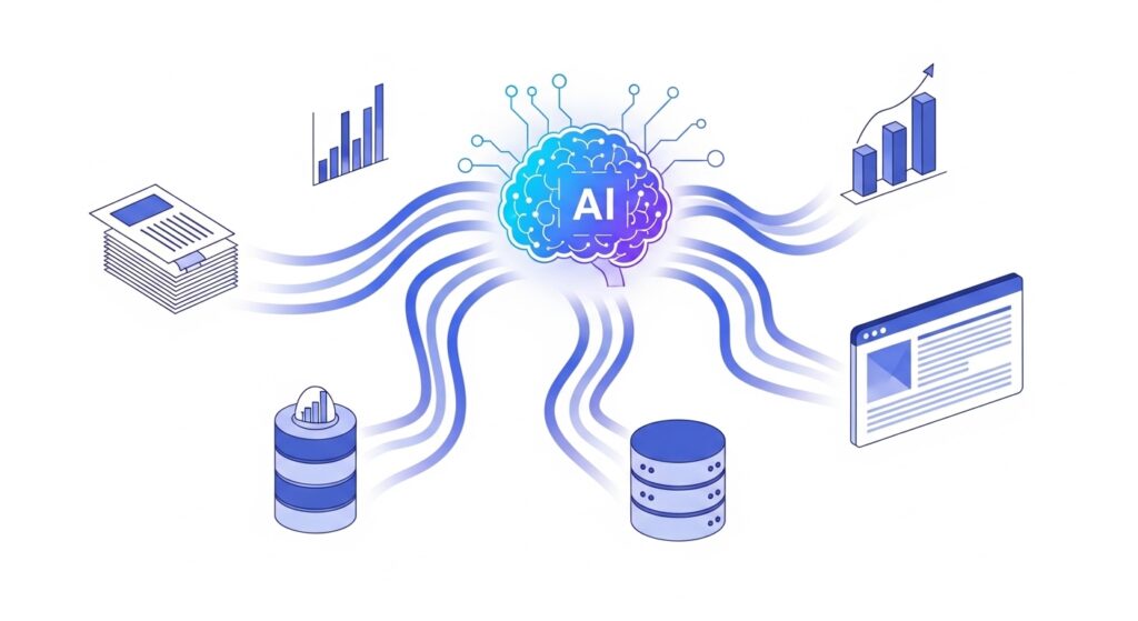 AI research agent connecting to multiple data sources for automated information gathering and analysis