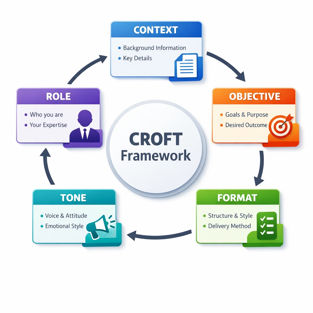 CROFT framework diagram showing five elements of effective AI prompts - Context, Role, Objective, Format, and Tone with examples and connecting arrows