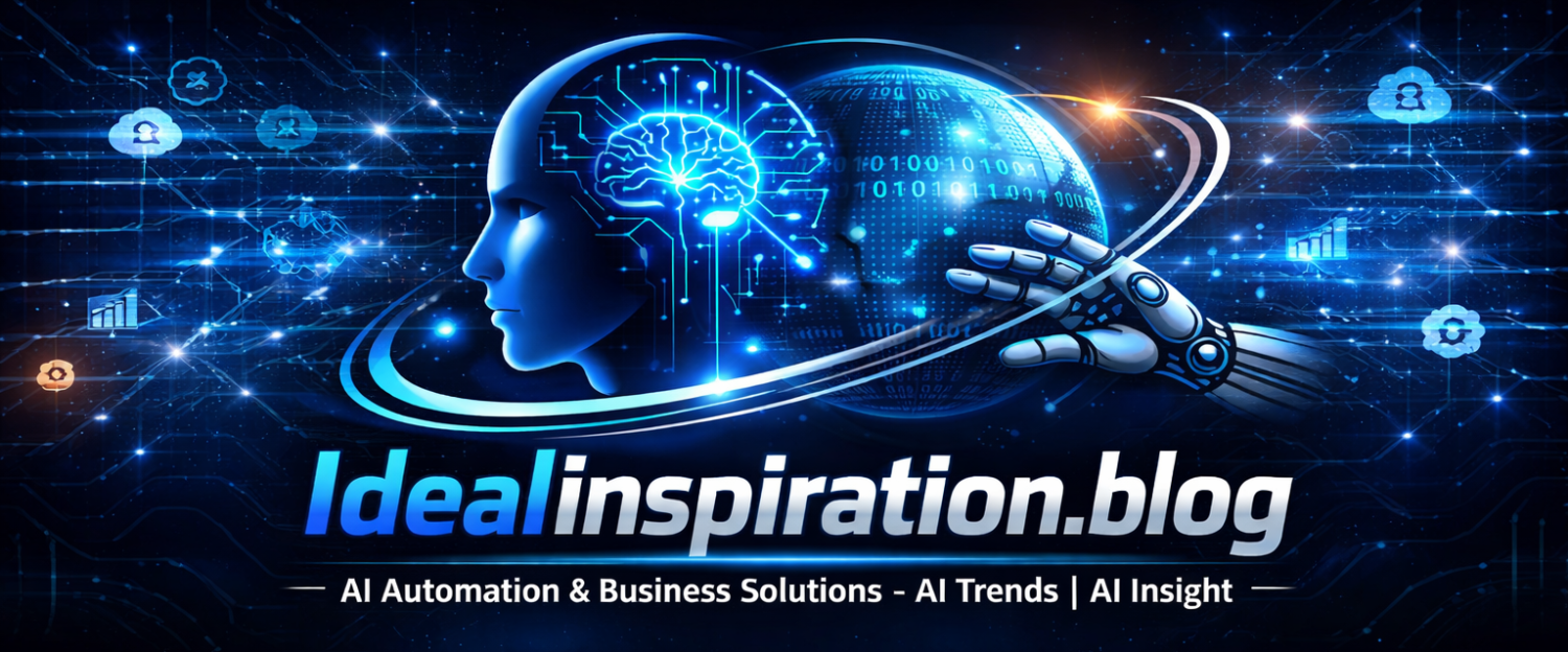 Idealinspiration.blog header image showing artificial intelligence, digital brain, robotic hand, and global data network representing AI automation and business solutions