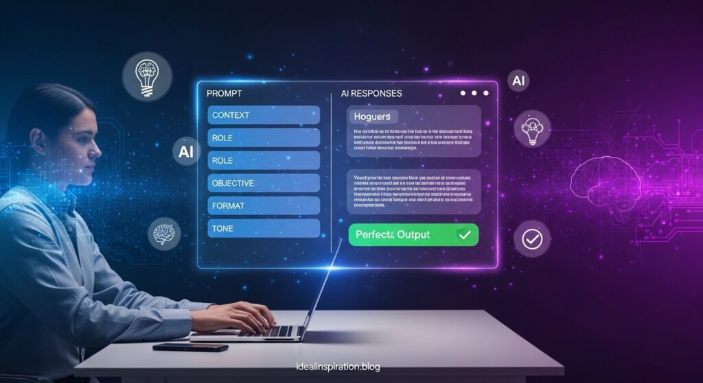 Professional writing effective AI prompts on laptop with holographic interface showing structured prompt framework and high-quality AI response with success indicators