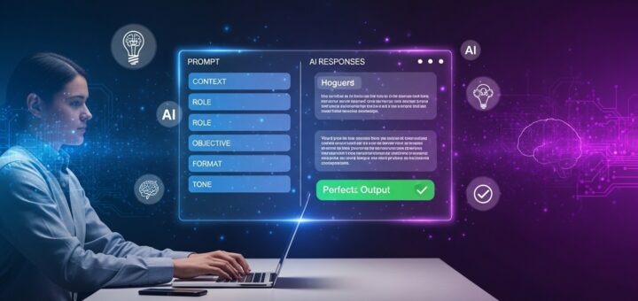Professional writing effective AI prompts on laptop with holographic interface showing structured prompt framework and high-quality AI response with success indicators