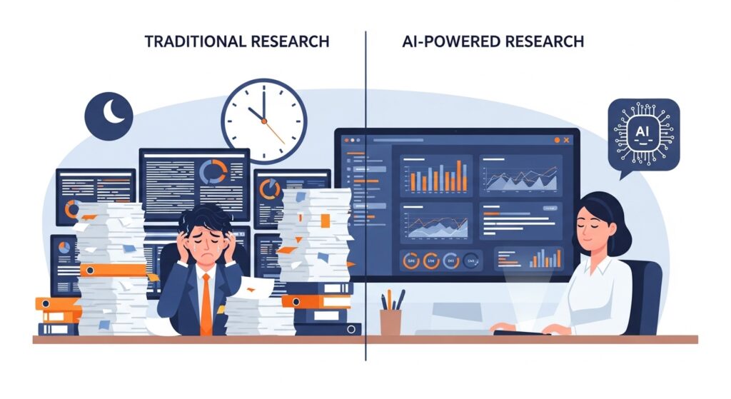 Comparison of traditional manual research methods versus AI-powered automated research workflows