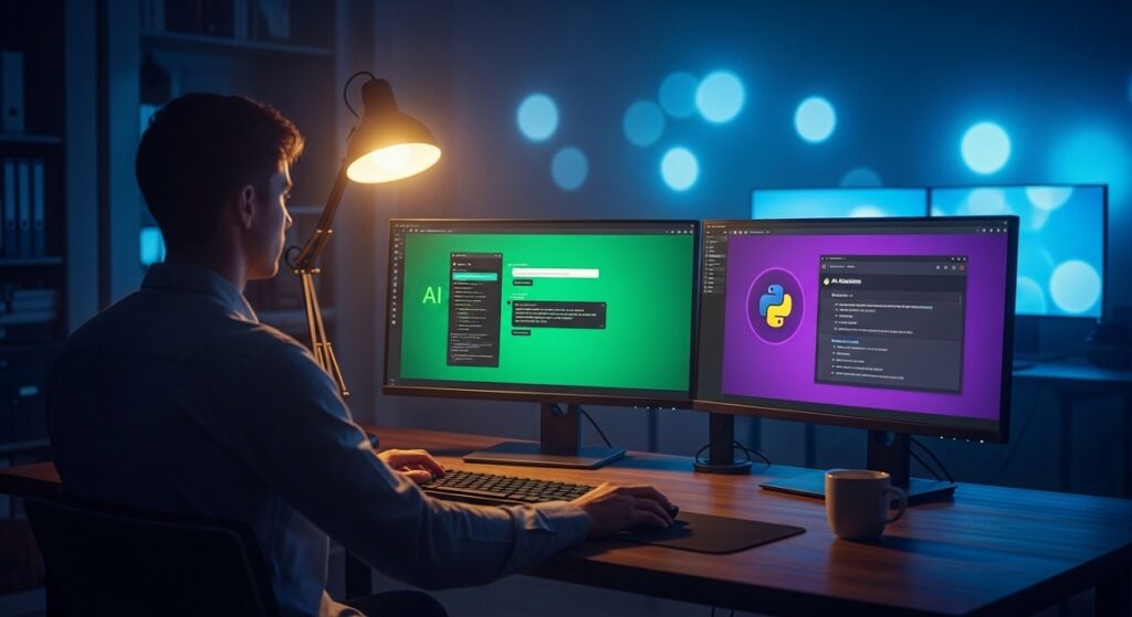 Developer at dual monitor setup using AI coding assistant to debug Python code with ChatGPT and Claude side by side