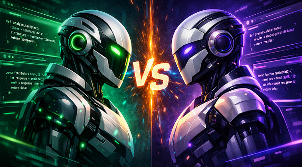 ChatGPT vs Claude for coding comparison 2026 — two AI robots face each other with code on screens