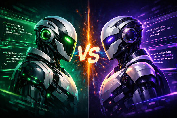 ChatGPT vs Claude for coding comparison 2026 — two AI robots face each other with code on screens