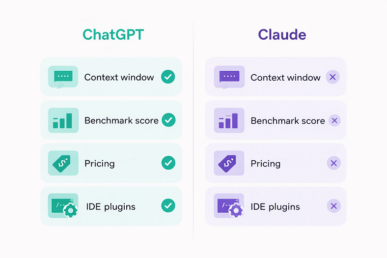 Infographic comparing ChatGPT and Claude features for developers — context window, SWE-bench score, pricing and IDE integrations