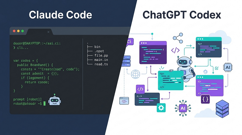 Claude Code terminal-native AI coding agent vs ChatGPT Codex cloud sandbox — agentic coding tools comparison illustration